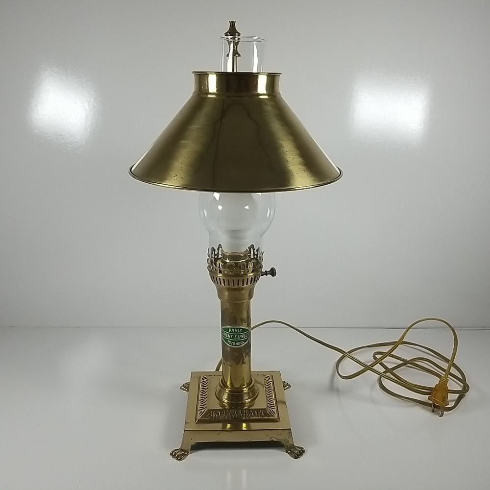 Vintage Paris Istanbul Orient Express Brass Claw Foot Lamp Adjustable Hurricane